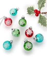 Holiday Lane 8 Set Mini Plastic Red / Green / Blue Snowflake Pattern Ornaments