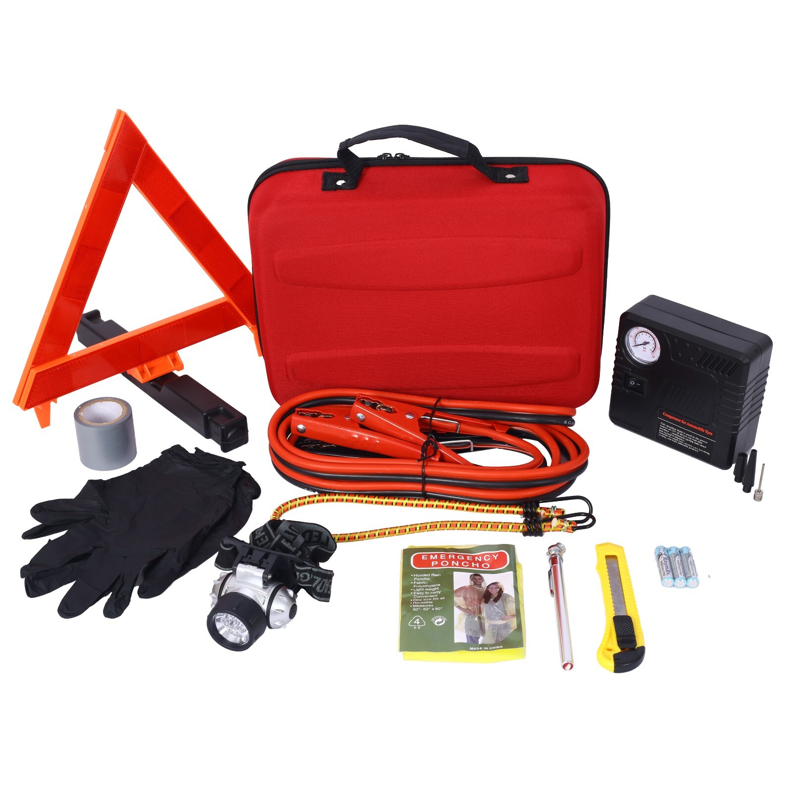 Auto Emergency Kit Set Car Tool Bag Vehicle Safety Kit w/Portable Air Compressor