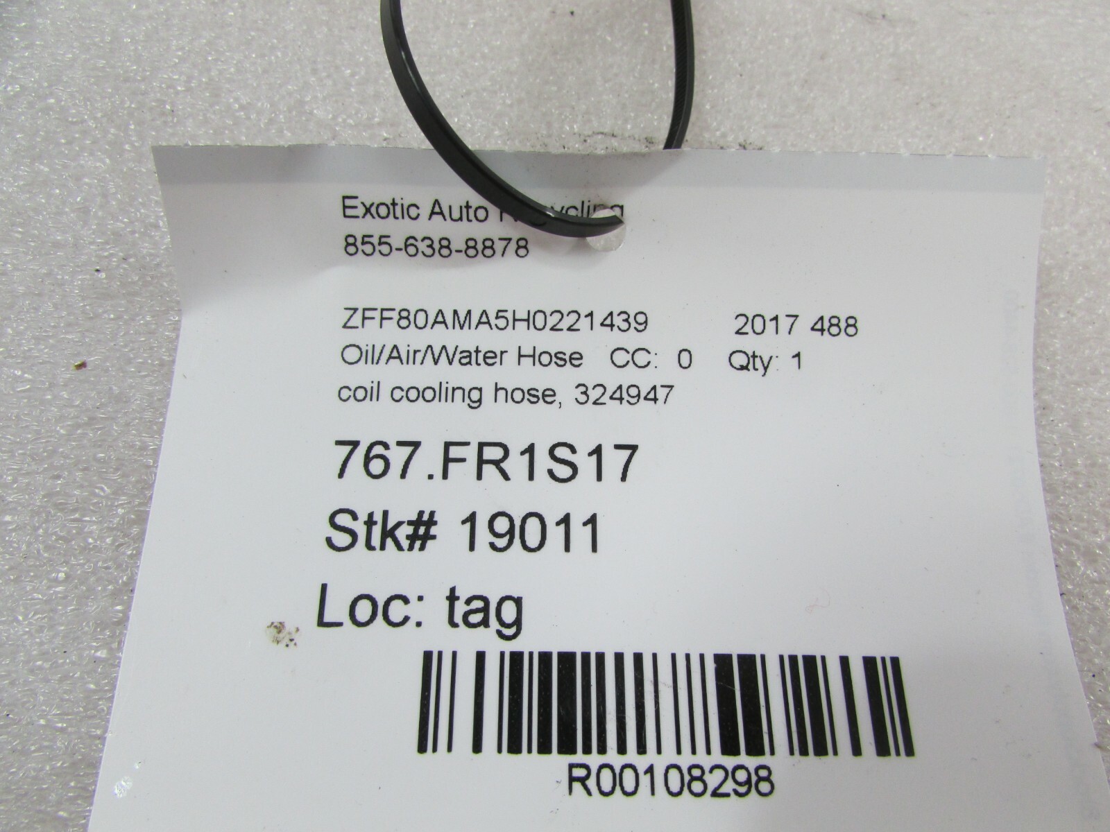 Ferrari 488 Spider, Coil Cooling Hose, Used, P/N 324947
