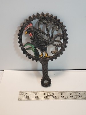 Vintage Rooster Chicken Kitchen Trivet Cast Iron Footed Farm Art Deco