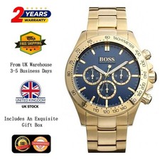 Image of NEW HUGO BOSS 1513340 MEN'S STAINLESS STEEL GOLD STRAP & BLUE DIAL 44MM