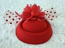 Red Polka Dots Pillbox Fascinator Women Hat Wedding Tea Party Feather Clip