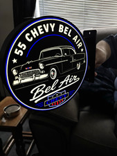 55 Chevy Bel Air Reproduction Round Sign Plaque Black/Blue "Bel Air" Graphic