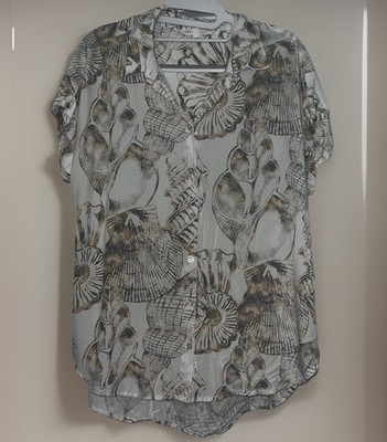 Jane Delancey Whimsical Sea Shell Womens L Button Up Rayon Beige Top