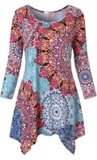 Bohemian Inspired Long 3/4 Inch Sleeved Tunic Shirt Multiple Print Size Medium