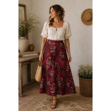 Boho Cottagecore Y2K Dark Fairy 90s Burgundy Purple Floral Paisley S Maxi Skirt