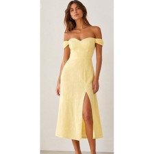Reformation Bridgton 100% Linen Off-Shoulder Yellow Midi Dress Sz 2