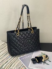 Auth Chanel GST Tote Bag Black Caviar Leather Gold Hardware Quilted Shoulder Bag