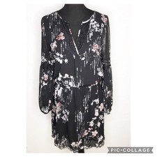 WHBM black white pink floral lace trim sheer overlay blouson dress size 12