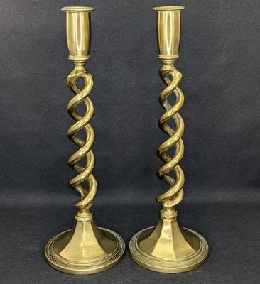 2 Brass Candlestick Holders 12  Open Spiral Column Barley Double Twist Pair Vtg
