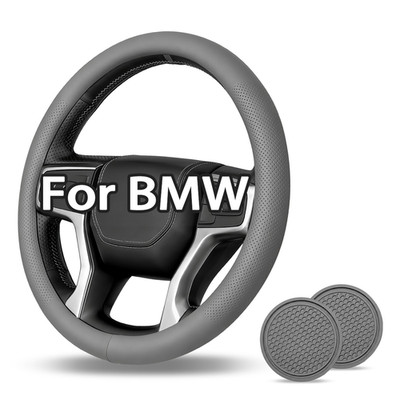 38CM 15'' steering wheel cover with Car coasters Genuine Leather for BMW Mini