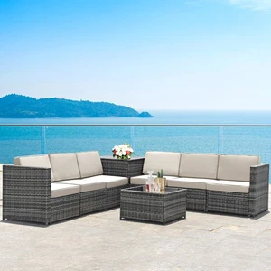8PCS Patio Rattan Sofa Sectional Conversation Furniture Set w/ White Cushion
