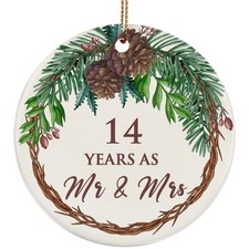 14 Years As Mr  Mrs 2025 Ornament 14th Anniversary Flower Wreath Christmas Gift