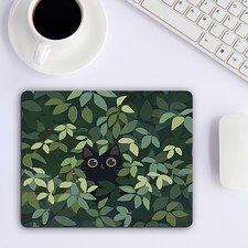 Cute Black Cat in Green Leaves Mouse Pad Nature Aesthetic Non-Slip Desk Mat Gift
