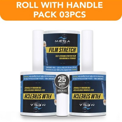 Mini Stretch Film with Handle 3 Rolls 3.93 in x 492 ft Each