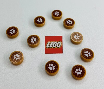 10 x Lego braune runde Fliese 1x1 mit Hund   Katze   Fußabdruck, bedruckt - 11D