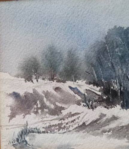 ORIGINAL WC Painting OOAK EDNA WOLPH - FEMALE NEBRASKA ARTIST WINTER LANDSCAPE - Picture 5 of 8