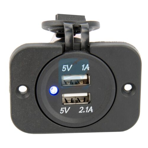 Flush Mount Marine Double USB Charger Boat Standard Nut Blue LED Rear Panel 12V - Picture 1 of 4