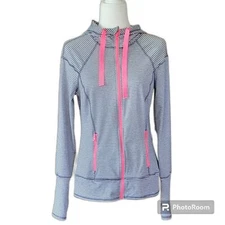 90 Degree by Reflex Striped Hooded Running Track Jacket with Thumbholes NEW