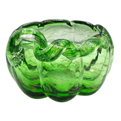 Green Glass Pumpkin Shaped Candy Gold Flakes Dish Swirl Stem