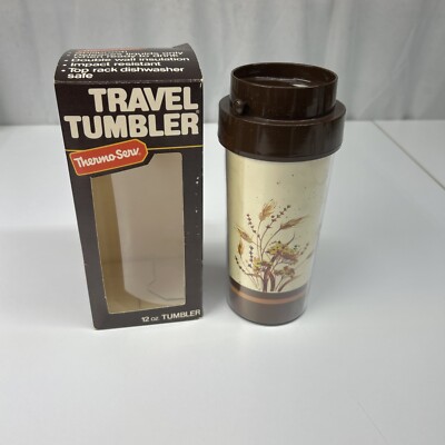 NOS Vintage 1984 THERMO SERV Travel Tumbler 12 oz Non Spill Cup Mug Insulated