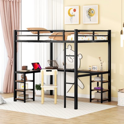 Full Metal Loft Bed with Desk and Shelves,Loft Bed with Ladder and Fence Black