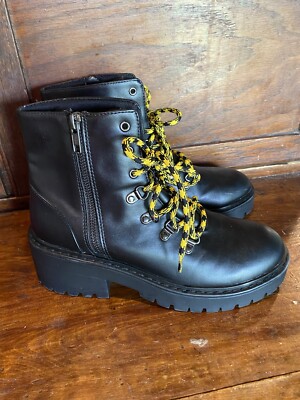 Skechers Black Chunky Grunge Style Combat Boots Yellow Laces Size SN  49058