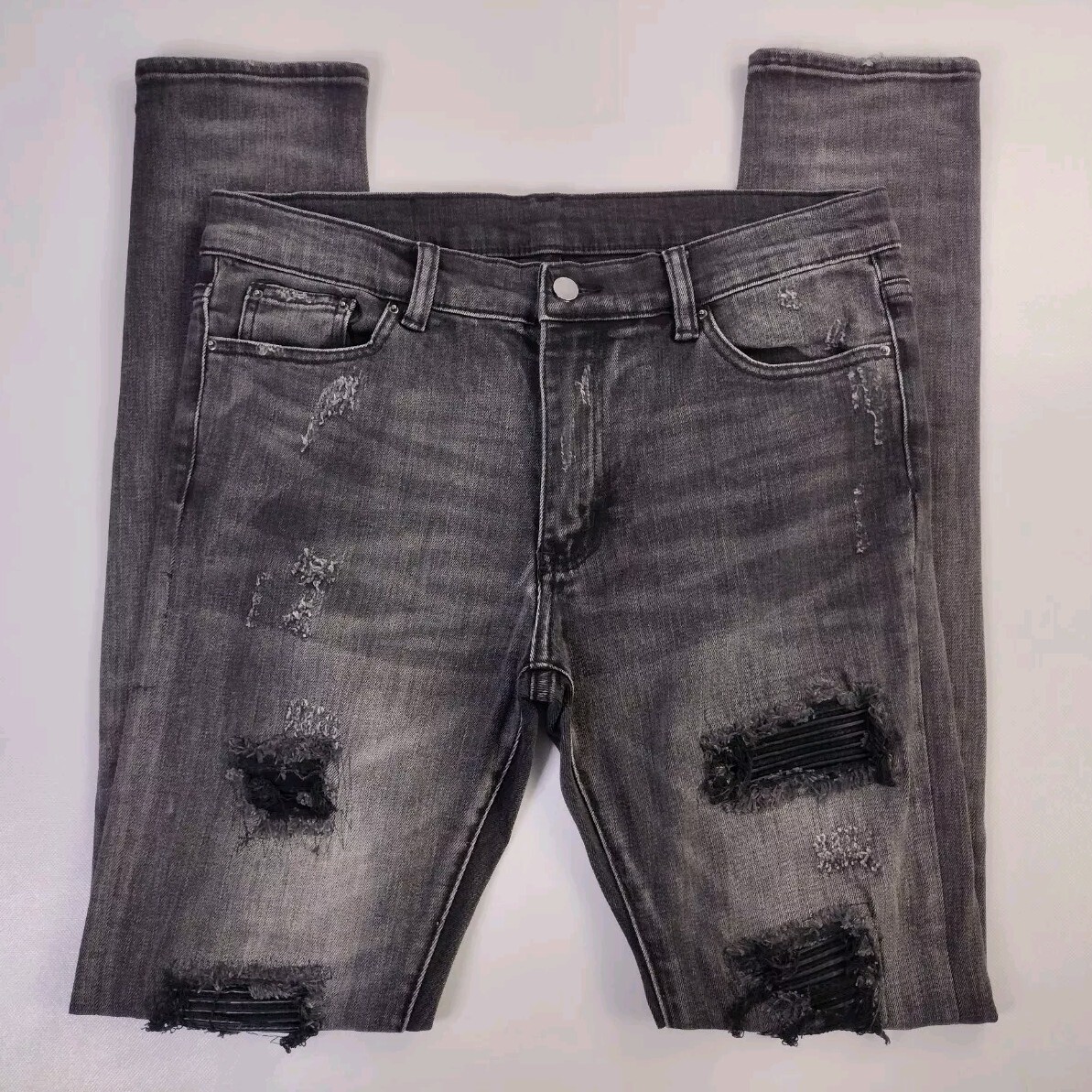 mnml デニム　W32 MNML Jeans Skinny Slim Distressed Denim Moto Biker Black Jeans