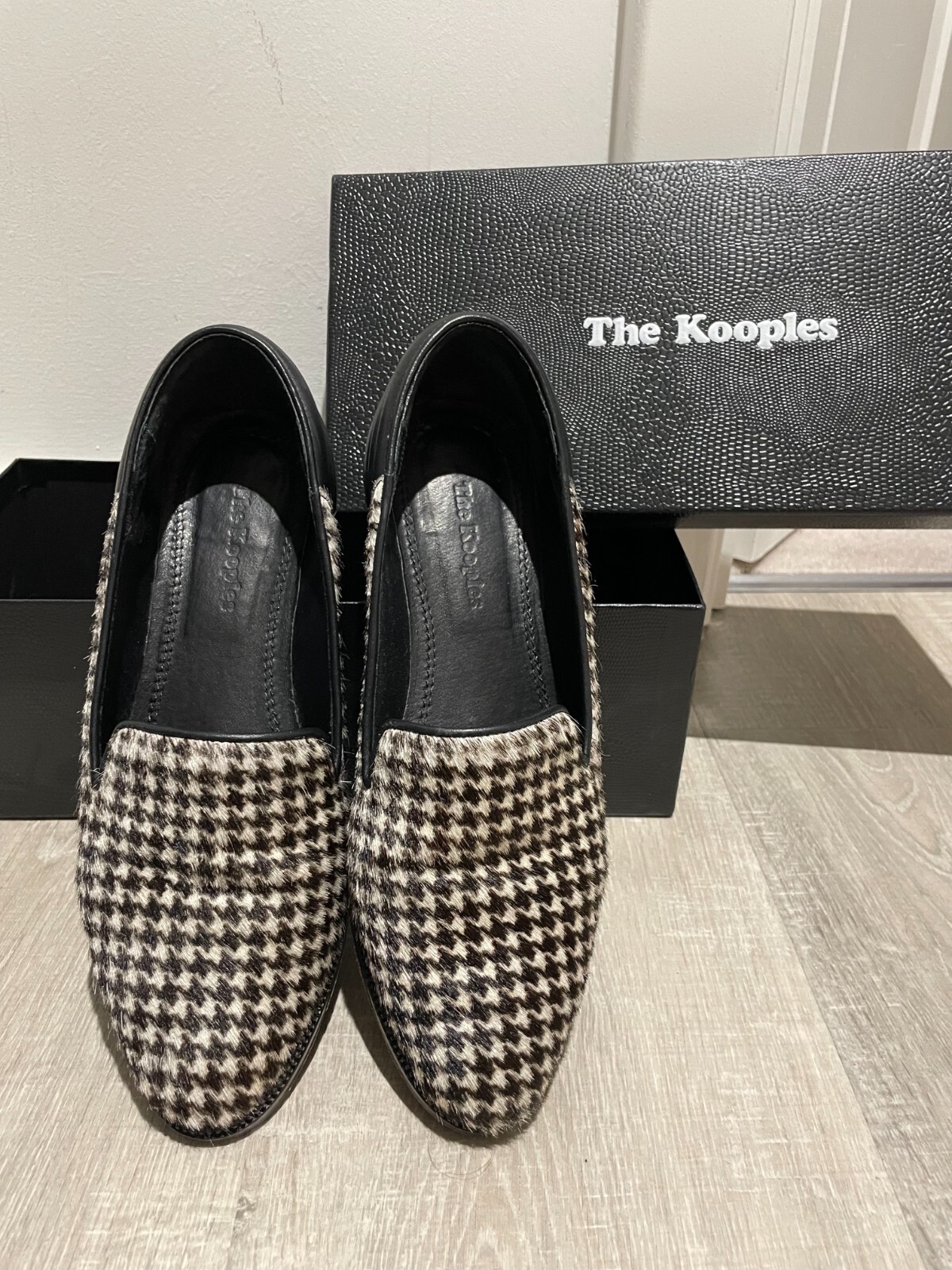 The Kooples Ladies Dogtooth Leather Loafers Flat Slip On Shoes Size 38