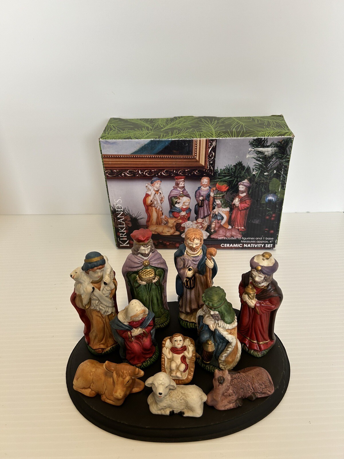 Kirkland’s Ceramic Nativity Set Wood Base In Box 10 pieces plus Base 4