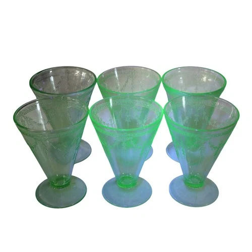 6 Vintage Belmont Rose Cameo Green Uranium Vaseline Depression Glasses GLOWS!