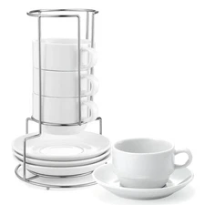 8 oz Porcelain Cappuccino Cups with Saucers and Metal Stand, Stackable Coffee...