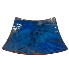 Fused Art Glass Cobalt Blue Square Trinket Dish Tray Colorful Abstract Pattern