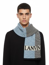 Lanvin 100 Wool Scarf Chevron Pattern in Blue and Black, Bold Logo Design