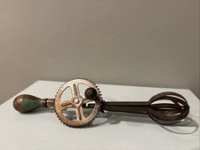 Antique A & J Egg High Speed  Beater Green Wood Handle Hand Mixer
