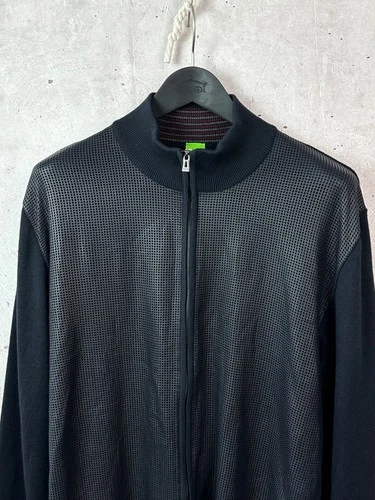 Hugo Boss 100% Virgin Wool Perforated Leather Full Zip Sweater Jacket Men XL image 8