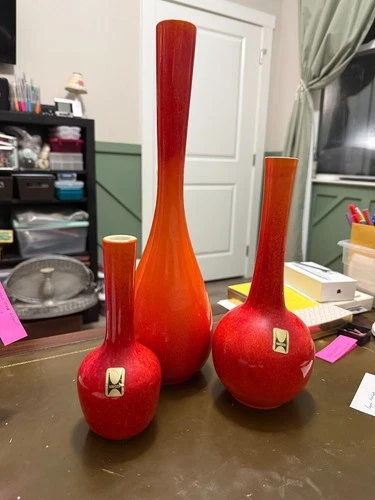 Royal Haeger Mandarin Orange Art Pottery 3 Vases MCM 1969 vintage