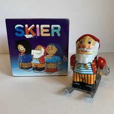 Vintage Tin Litho Key Wind-Up Toy Santa Skier 6" Tall Rare Works