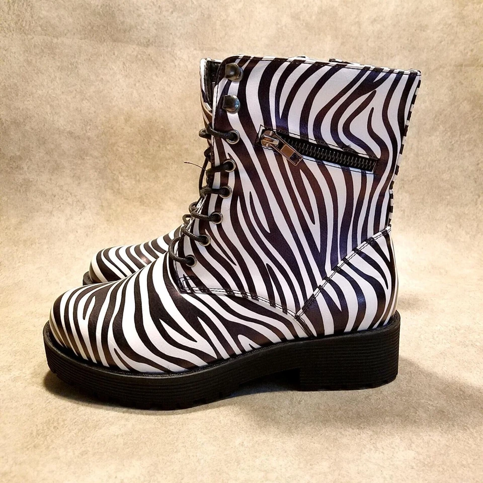 Bota de combate CINAK para mujer talla 6 negra blanca con estampado de cebra con cordones a media pantorrilla Foto 4 de 4