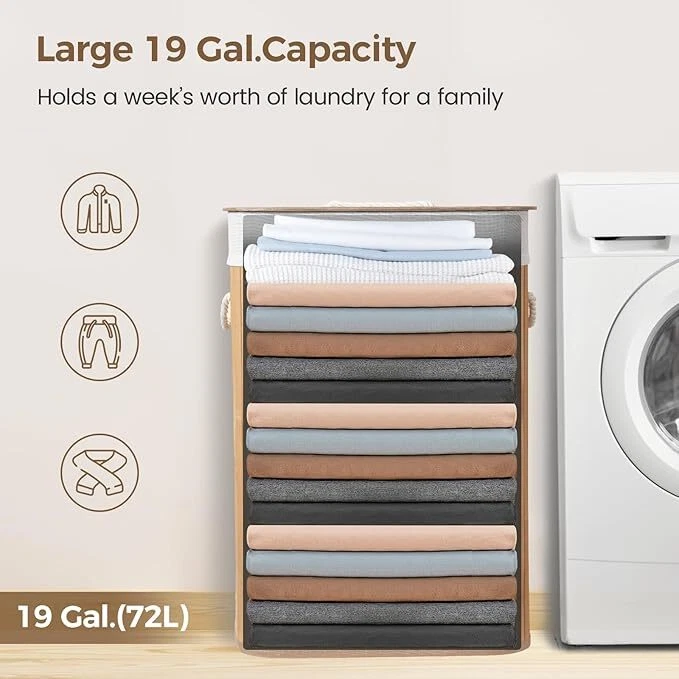 Cesta de Lavandería de Bambú con Tapa Cesta de Lavandería con Forro Extraíble 72L Natural Foto 2 de 4