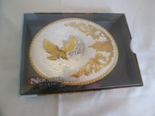 Nocona Belt Buckle Gold Eagle on Silver With Gold Floral Accent Border NIB