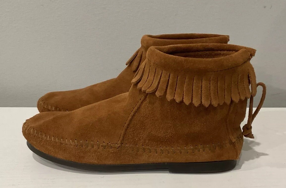 SAOLA Stivaletti Minnetonka 213598 bambina taglia 3 scamosciati frange marrone suola rigida mocassino