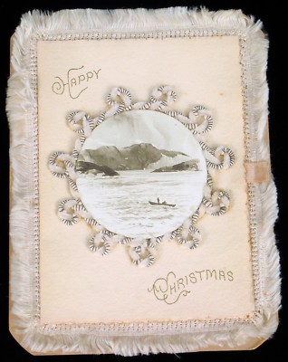 ANTIQUE HAPPY MERRY CHRISTMAS CARD FISHING WHALING HARPOON ROCKY COAST HAND MADE