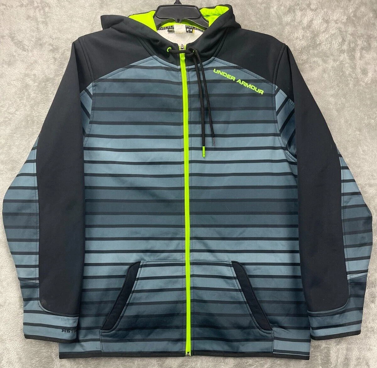Under Armour Men's Storm Softshell Jacket Hoodie Teal Black Striped 2XL Loose