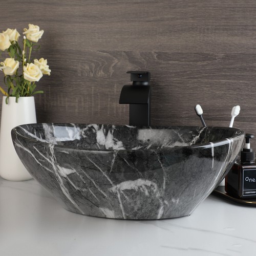 FA Black Ceramic Bathroom Oval Vessel Sink Basin Bowl Waterfall Brass Mixer Tap - Picture 10 of 12