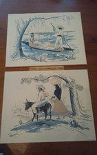 Pair midcentury mexican folk print lithographs Ramirez 14x11" gondola family