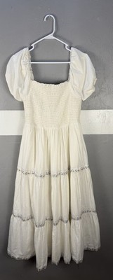 Rachel Zoe White Cotton Woven Smocked Embroidered Square Neck Midi Dress 6