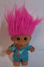 Vintage Russ Troll Doll with Vibrant Pink Hair Blue Satin Pajama Outfit