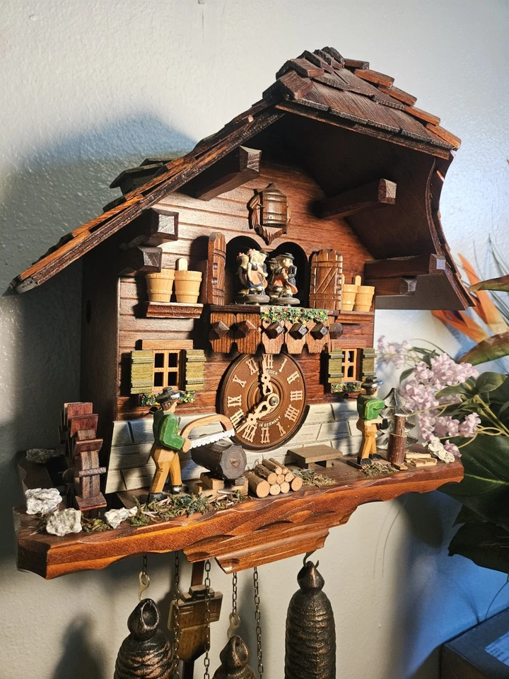German Animated Woodsmen 8 Day Musical Cuckoo Clock With Dancers / Water Wheel. - Image 3 of 4