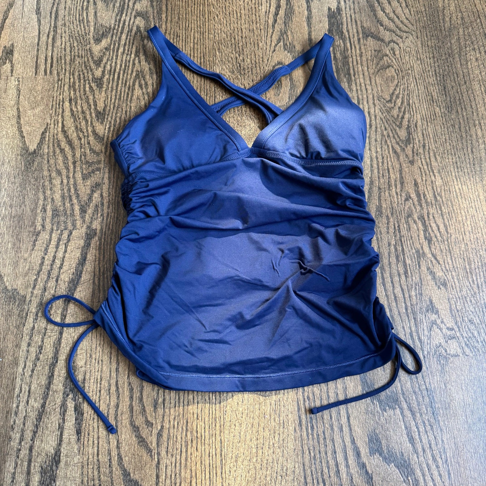 Athleta Womens Solid Navy Blue Slimming Ruched Tankini Swim Top Size Medium